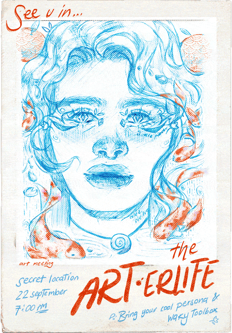 Social event animated poster. Mixed media ink portrait of a siren woman with koi fish and fantasy elements around. 'See you in the Arterlife' is the title of this poster.