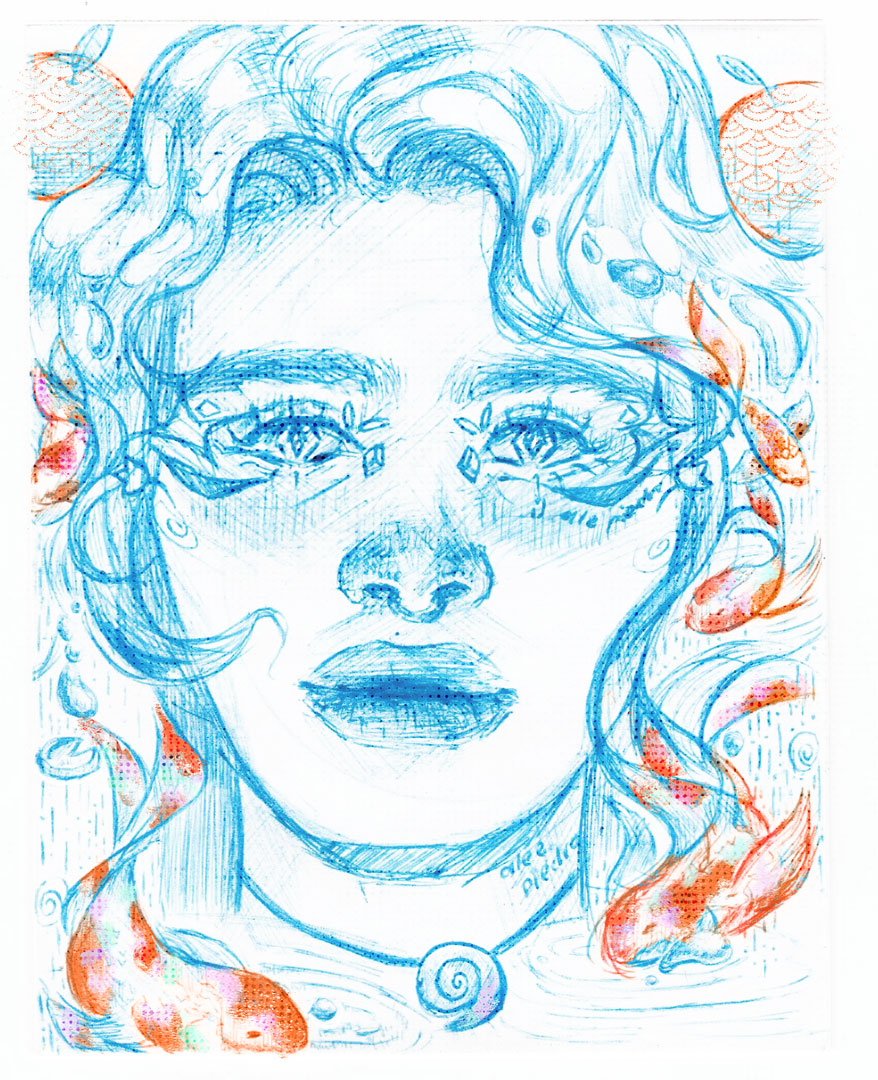 Mixed media blue ink portrait of a siren woman with koi fish, oranges and fantasy elements around.