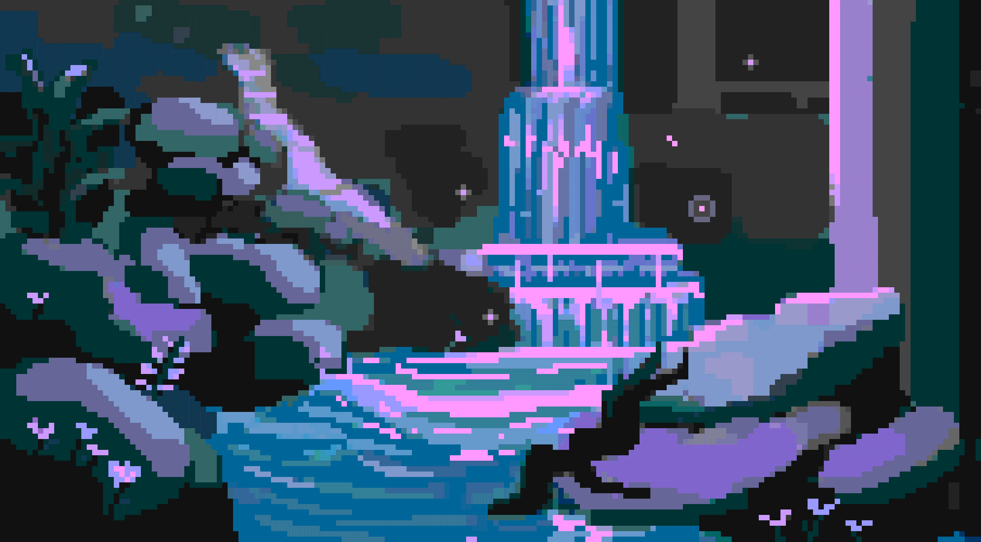 Alternative video music pixel art glitchy fantasy animation environment of a girl laying down on a rock by the end of a mystical waterfall