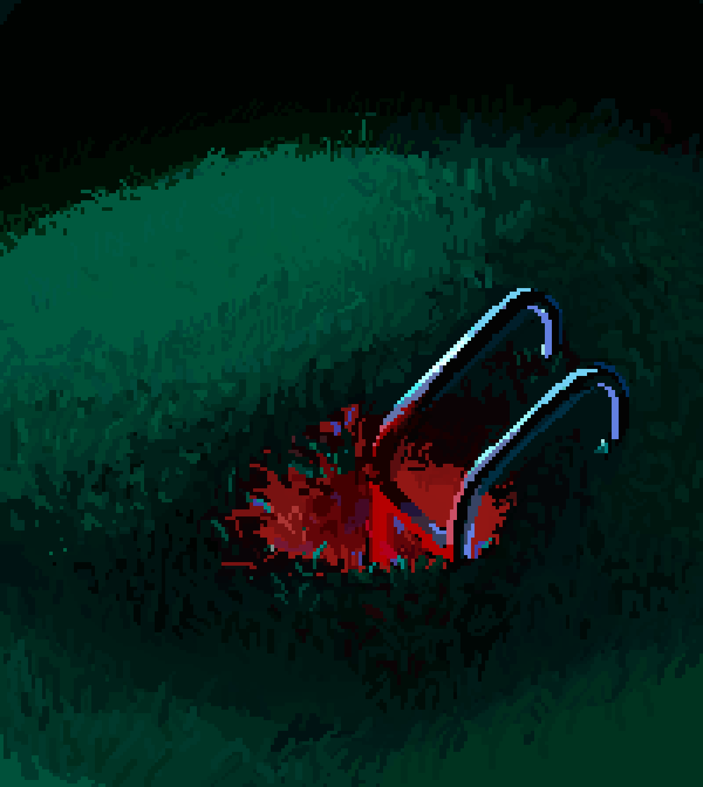 Pixel art of an obscure desolate backyard playground with metal staircase which lead to a red dangerous underground land