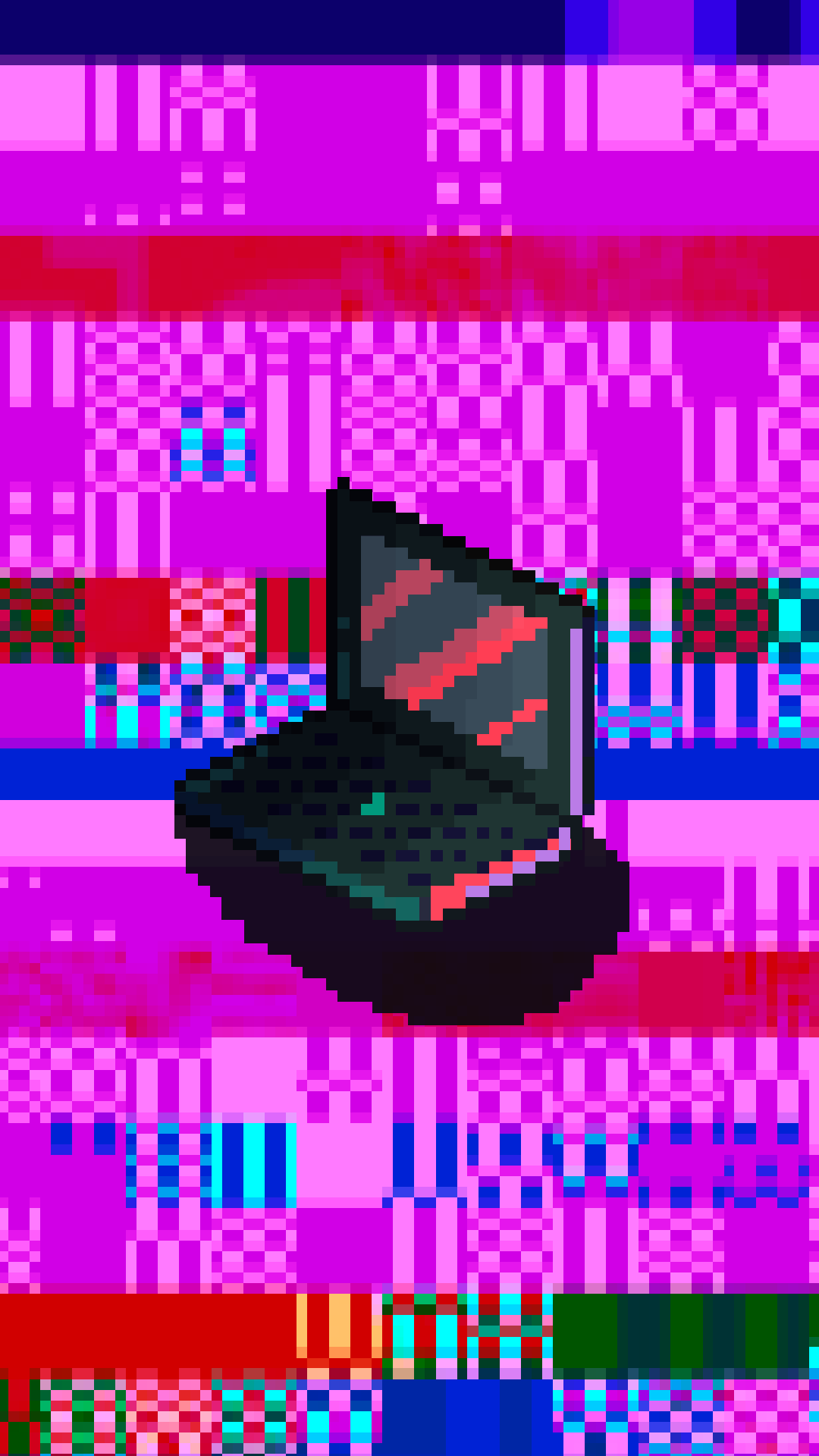 Triggered version fo a pixel art style broken screen laptop. Mystical techno glitch dark vibrant colors. Cover of an interactive scrollable abstract distortion effect art piece.